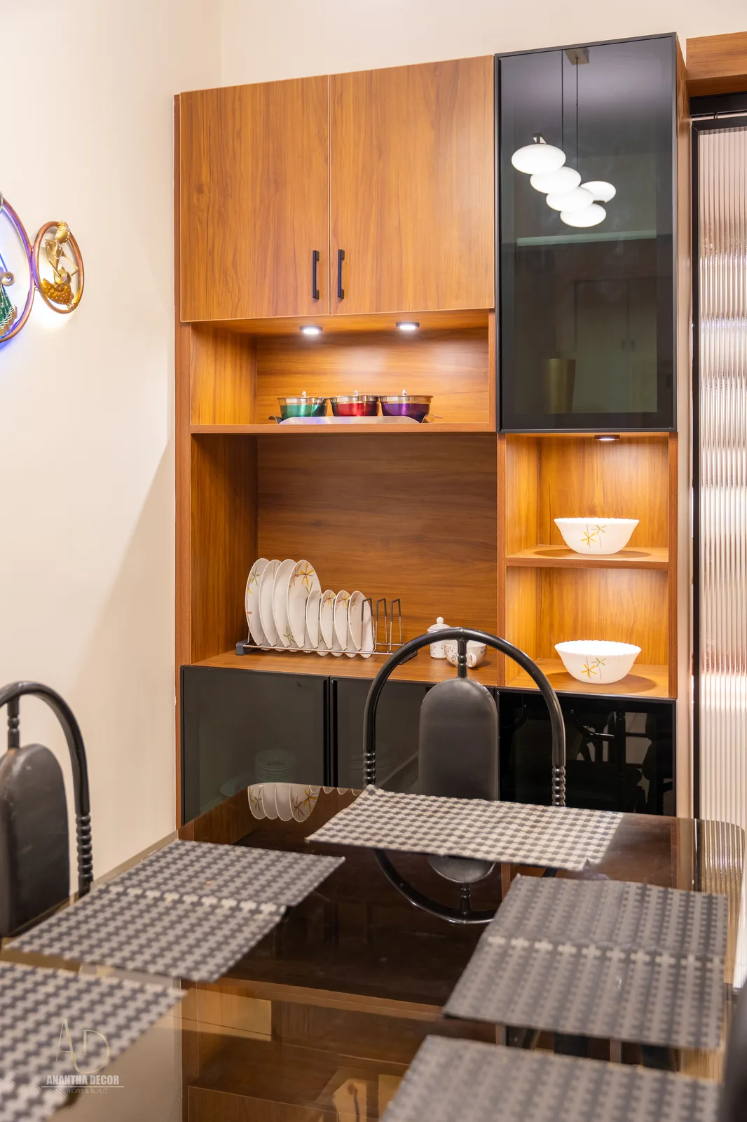 Dining area crockery unit with integrated warm LED illumination