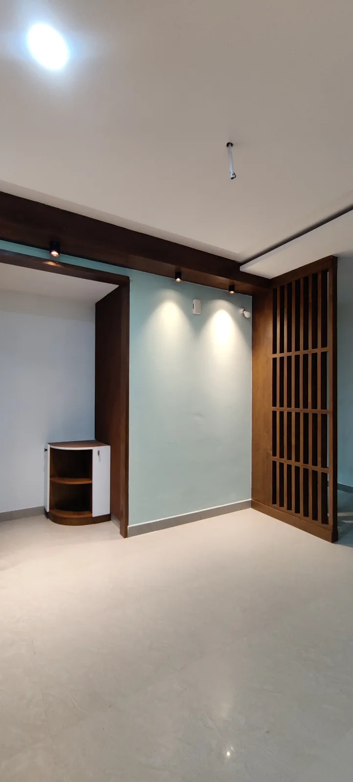 Spatial room divider screen with vertical wooden slats